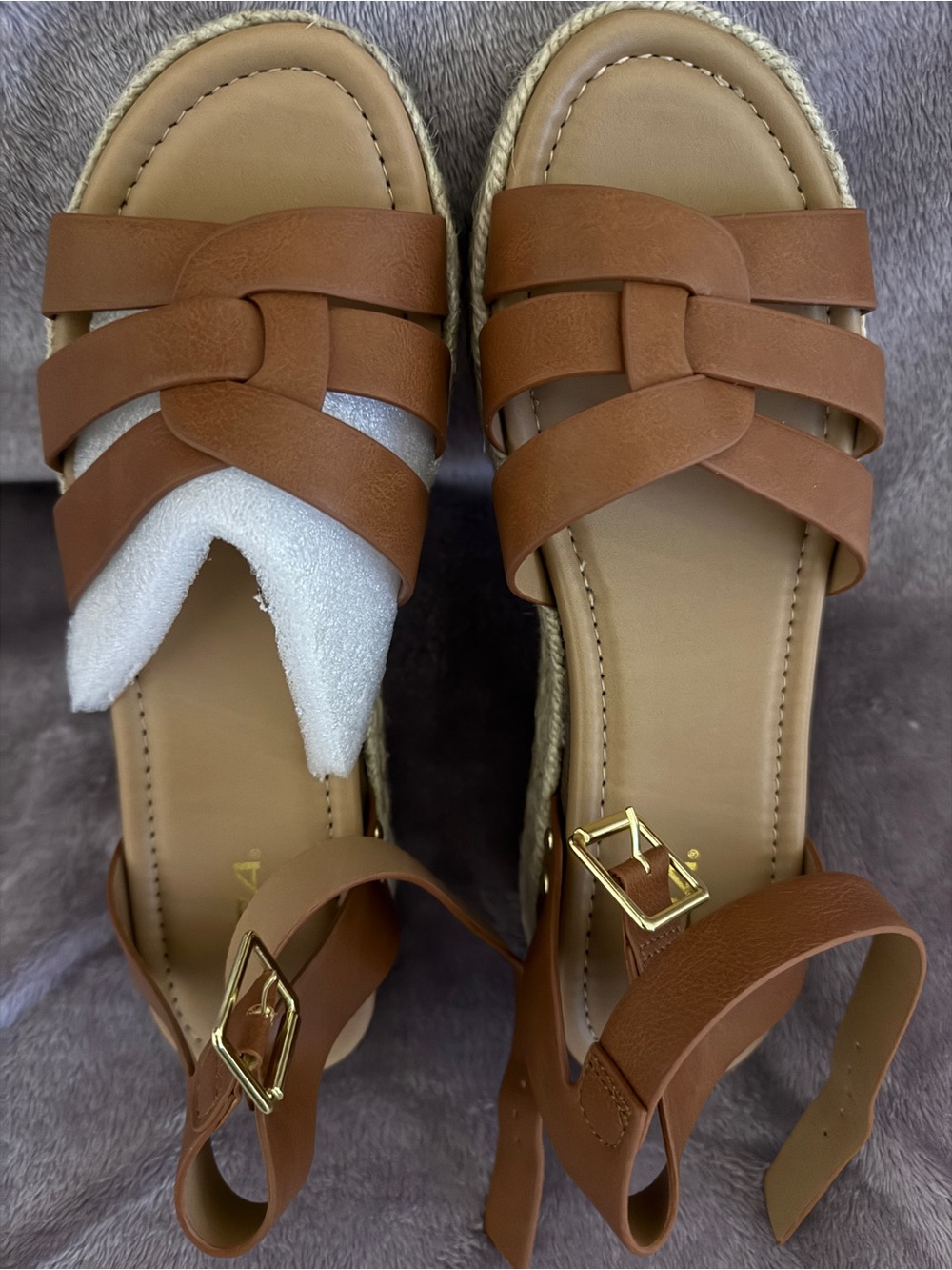 Soda Brown Braided Strap Espadrille Sandals with Gold Buckles